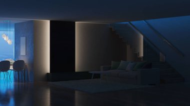 Modern ev iç. İyi geceler. Akşam aydınlatma. 3D render.