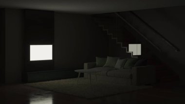 Modern ev iç. İyi geceler. Akşam aydınlatma. 3D render.
