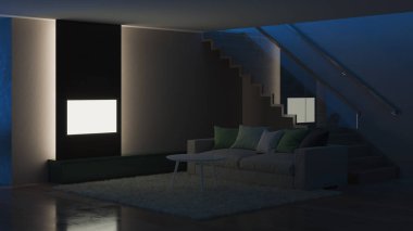 Modern ev iç. İyi geceler. Akşam aydınlatma. 3D render.