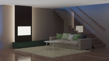 Modern ev iç. İyi geceler. Akşam aydınlatma. 3D render.