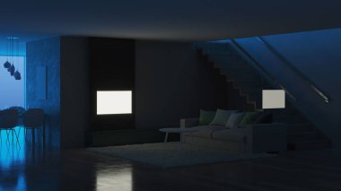 Modern ev iç. İyi geceler. Akşam aydınlatma. 3D render.