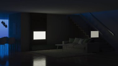 Modern ev iç. İyi geceler. Akşam aydınlatma. 3D render.