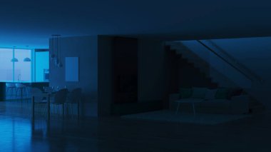 Modern ev iç. İyi geceler. Akşam aydınlatma. 3D render.