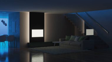 Modern ev iç. İyi geceler. Akşam aydınlatma. 3D render.