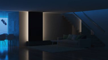 Modern ev iç. İyi geceler. Akşam aydınlatma. 3D render.