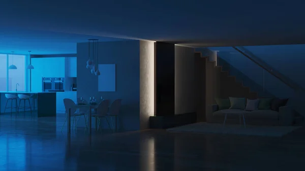 Interni Casa Moderna Buonanotte Illuminazione Serale Rendering — Foto Stock