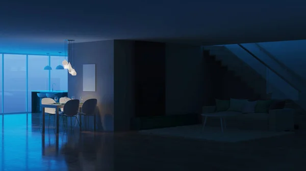 モダンな家のインテリア 夜の照明 レンダリング — ストック写真