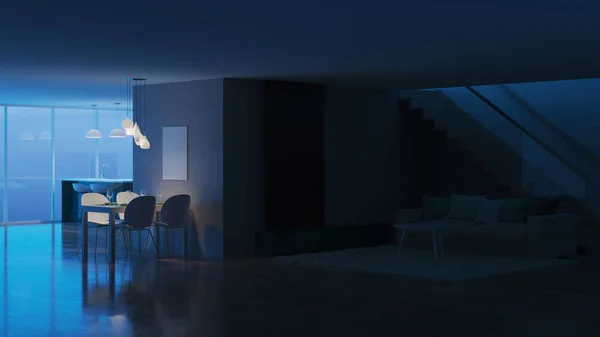 现代房子内部 晚上照明 — 图库照片