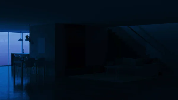 Interior Casa Moderna Buenas Noches Iluminación Nocturna Renderizado — Foto de Stock