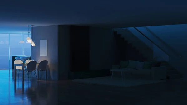Σύγχρονο Σπίτι Εσωτερικό Βράδυ Φωτισμός Βράδυ Rendering — Φωτογραφία Αρχείου