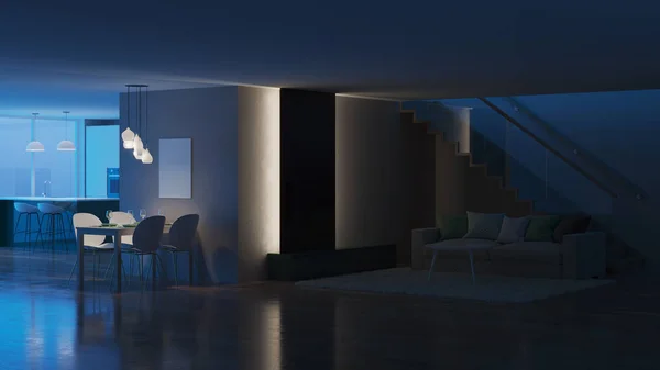 Interior Casa Moderna Boa Noite Iluminação Nocturna Renderização — Fotografia de Stock