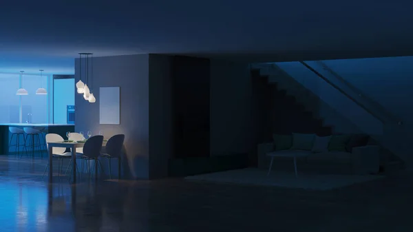 Interior Casa Moderna Buenas Noches Iluminación Nocturna Renderizado — Foto de Stock