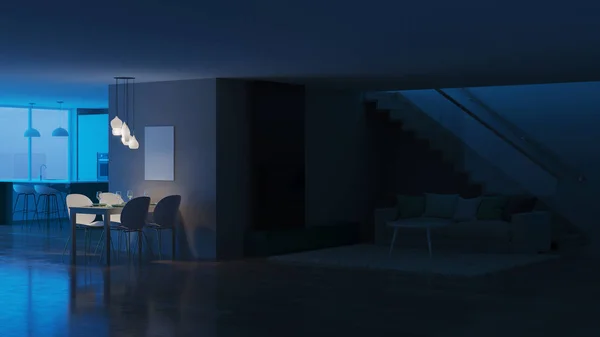 现代房子内部 晚上照明 — 图库照片