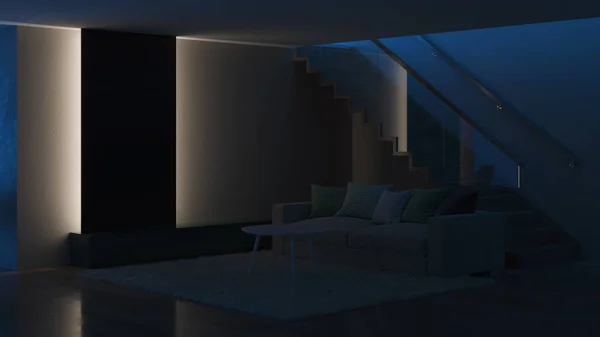 Modern Huis Interieur Nacht Avonds Verlichting Rendering — Stockfoto