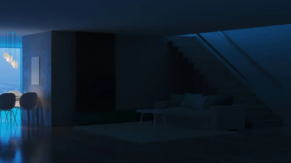 Современный Интерьер Дома Спокойной Ночи Вечернее Освещение Рендеринг — стоковое фото