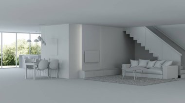 Modern ev iç. Gri iç. 3D render.