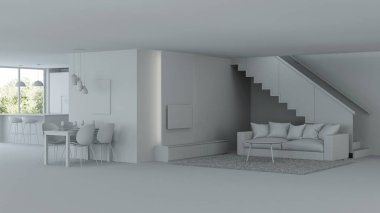 Modern ev iç. Gri iç. 3D render.