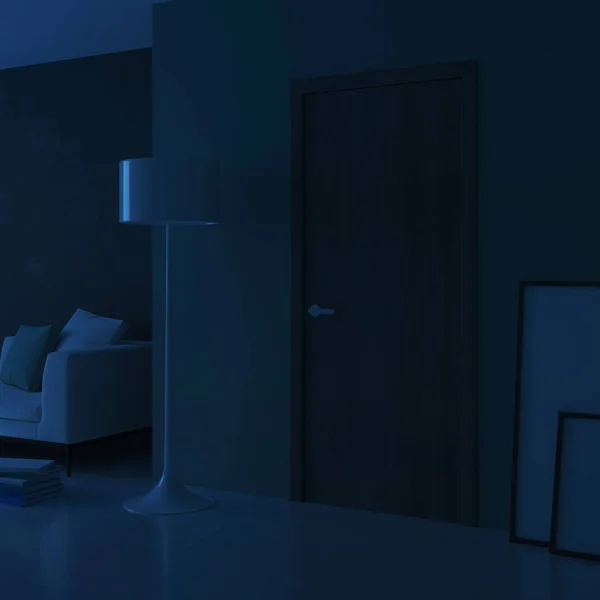 Μοντέρνο Εσωτερικό Σπίτι Πόρτα Στο Εσωτερικό Νύχτα Βραδινής Φωτισμού Απόδοση — Φωτογραφία Αρχείου