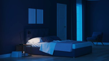 Modern ev iç. Mavi tonla yatak odası. Gece. Akşam Aydınlatması. 3d render.