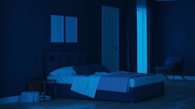 Modern ev iç. Mavi tonla yatak odası. Gece. Akşam Aydınlatması. 3d render.