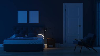Modern ev iç. Mavi tonla yatak odası. Gece. Akşam Aydınlatması. 3d render.