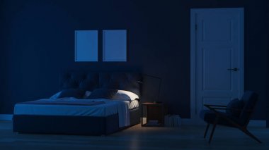 Modern ev iç. Mavi tonla yatak odası. Gece. Akşam Aydınlatması. 3d render.
