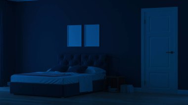 Modern ev iç. Mavi tonla yatak odası. Gece. Akşam Aydınlatması. 3d render.
