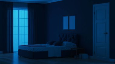 Modern ev iç. Mavi tonla yatak odası. Gece. Akşam Aydınlatması. 3d render.