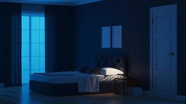 Modern ev iç. Mavi tonla yatak odası. Gece. Akşam Aydınlatması. 3d render.
