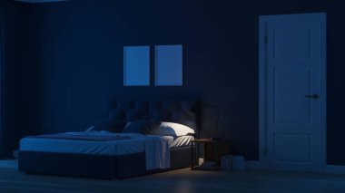 Modern ev iç. Mavi tonla yatak odası. Gece. Akşam Aydınlatması. 3d render.