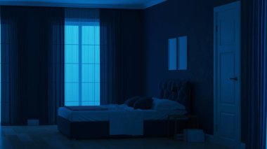 Modern ev iç. Mavi tonla yatak odası. Gece. Akşam Aydınlatması. 3d render.