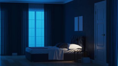 Modern ev iç. Mavi tonla yatak odası. Gece. Akşam Aydınlatması. 3d render.
