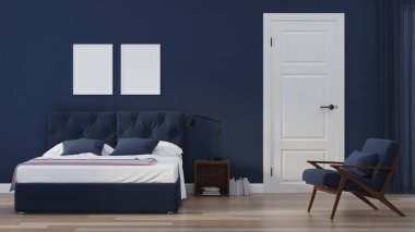 Modern ev iç. Mavi tonla yatak odası. 3d render.