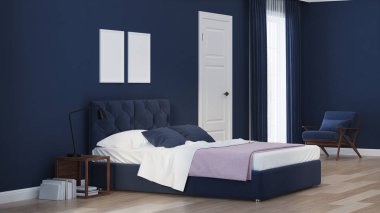 Modern ev iç. Mavi tonla yatak odası. 3d render.