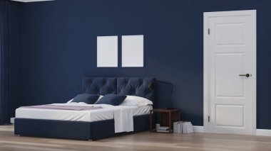 Modern ev iç. Mavi tonla yatak odası. 3d render.