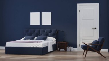 Modern ev iç. Mavi tonla yatak odası. 3d render.