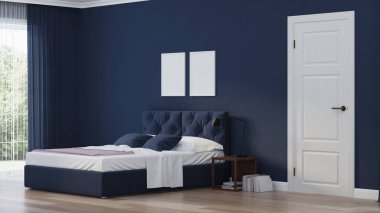 Modern ev iç. Mavi tonla yatak odası. 3d render.