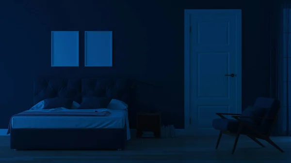 Modern House Interior Bedroom Blue Tonnes Night Evening Lighting Rendering — Stock Photo, Image