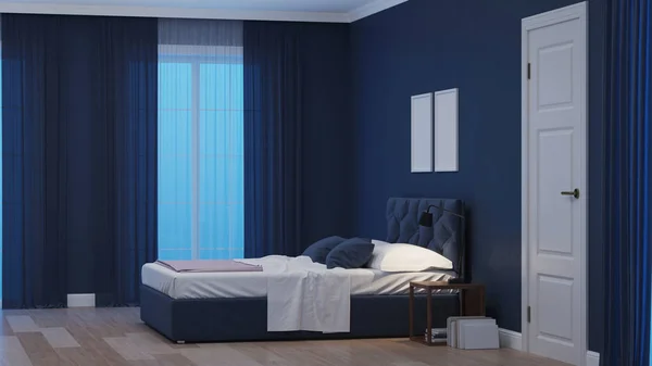 モダンな家のインテリア 青いトンのベッドルーム 夕方の照明 レンダリング — ストック写真