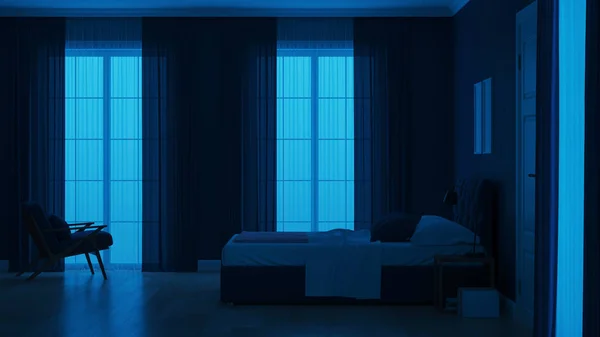 Interior Casa Moderna Dormitorio Toneladas Azules Buenas Noches Iluminación Nocturna —  Fotos de Stock