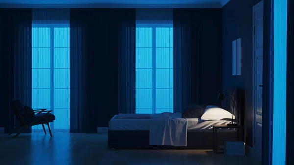 Interior Casa Moderna Dormitorio Toneladas Azules Buenas Noches Iluminación Nocturna —  Fotos de Stock