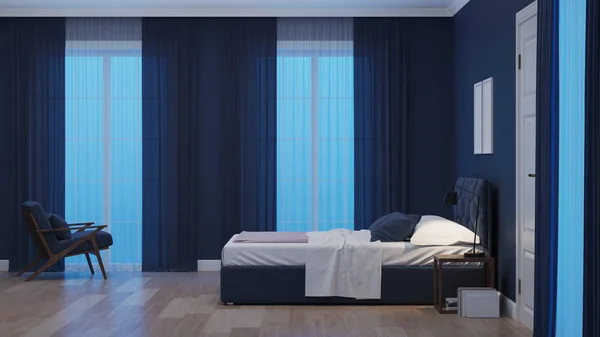 Interior Casa Moderna Dormitorio Toneladas Azules Buenas Noches Iluminación Nocturna — Foto de Stock
