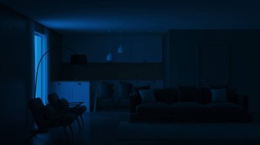 Modern ev iç. İç kısımda yeşil renk. Gece. Akşam Aydınlatması. 3d render.