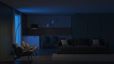 Modern ev iç. İç kısımda yeşil renk. Gece. Akşam Aydınlatması. 3d render.