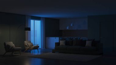 Modern ev iç. İç kısımda yeşil renk. Gece. Akşam Aydınlatması. 3d render.