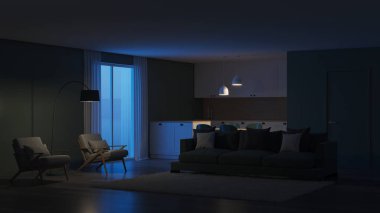 Modern ev iç. İç kısımda yeşil renk. Gece. Akşam Aydınlatması. 3d render.