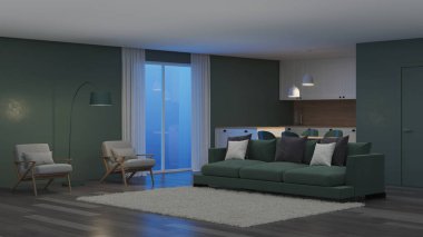 Modern ev iç. İç kısımda yeşil renk. Gece. Akşam Aydınlatması. 3d render.