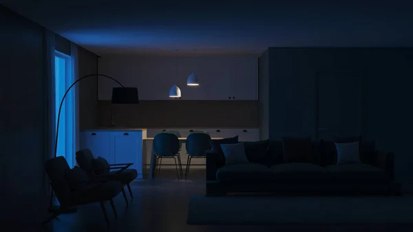 Interior Casa Moderna Cor Verde Interior Boa Noite Iluminação Nocturna — Fotografia de Stock