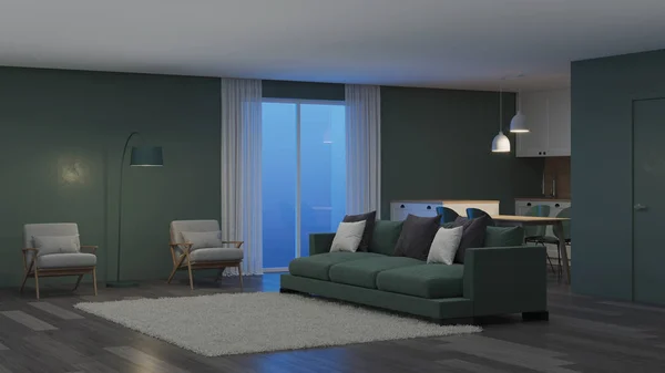 Modern House Interior Green Color Interior Night Evening Lighting Rendering — Stock Photo, Image