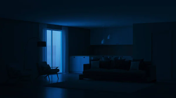 Μοντέρνο Εσωτερικό Σπίτι Πράσινο Χρώμα Στο Εσωτερικό Νύχτα Βραδινής Φωτισμού — Φωτογραφία Αρχείου